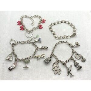 Vintage Lot of‎ 4 Silver Tone Charm Bracelet Disney Minnie Flower Fashion Y2K